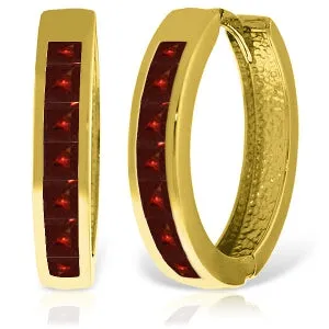 14K Solid Yellow Gold Hoop Huggie Earrings w/ Garnets