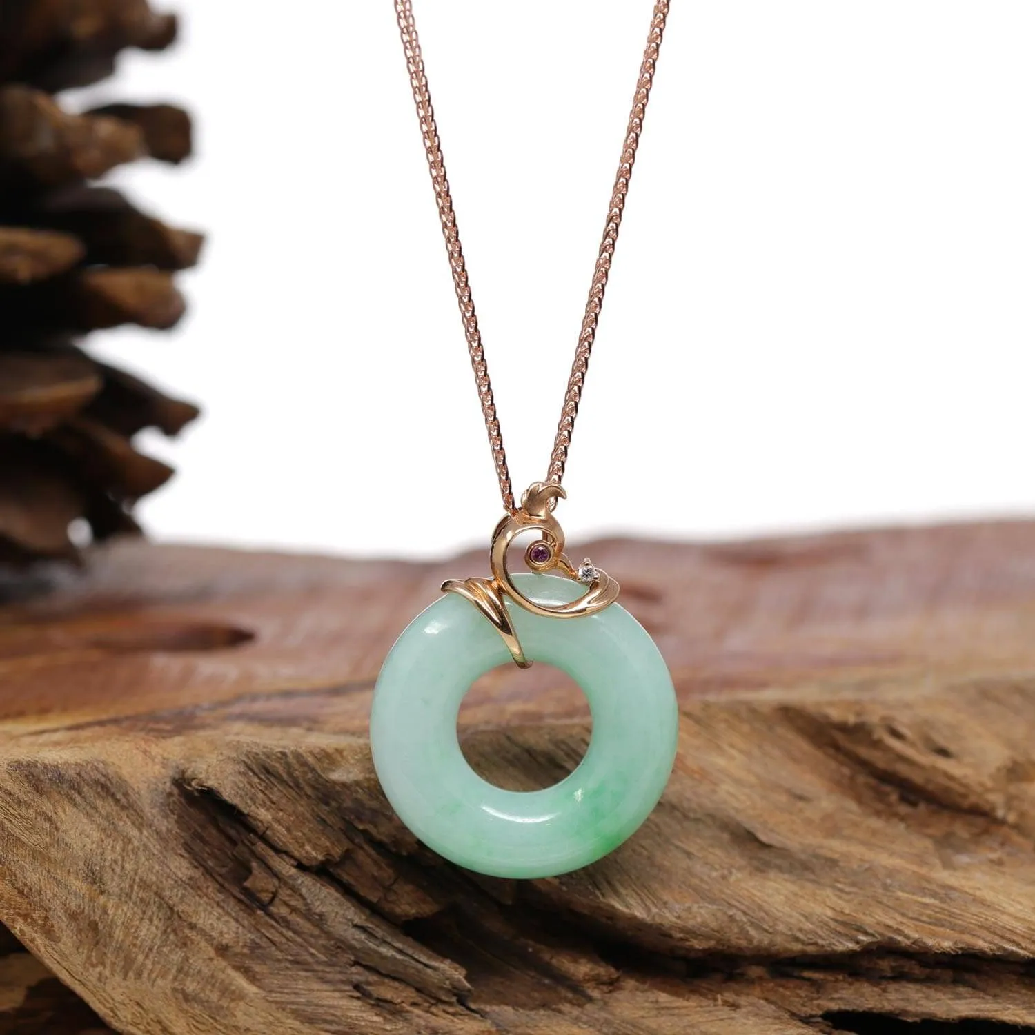 Baikalla™ "Good Luck Birdie" 18k Rose Gold Genuine Burmese Jadeite Lucky Kou Kou Pendant Necklace With AA Ruby & Diamond