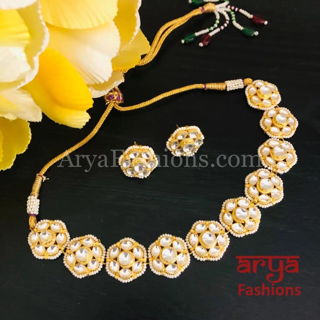 Designer White Pacchi Kundan Pearl Choker Necklace with Stud Earrings