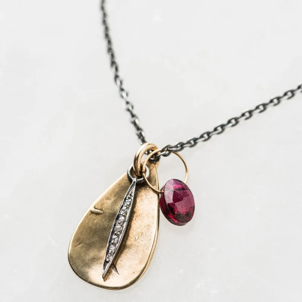 Diamond Spike Necklace with Bronze Teardrop and Red Garnet