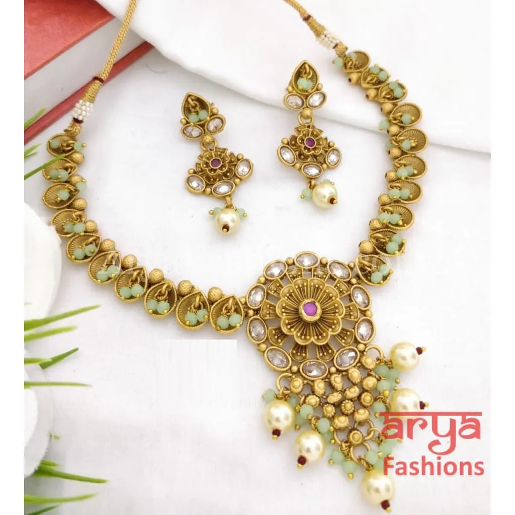 Emerald Polki Kundan Necklace / Ruby Green Kundan Temple Jewelry