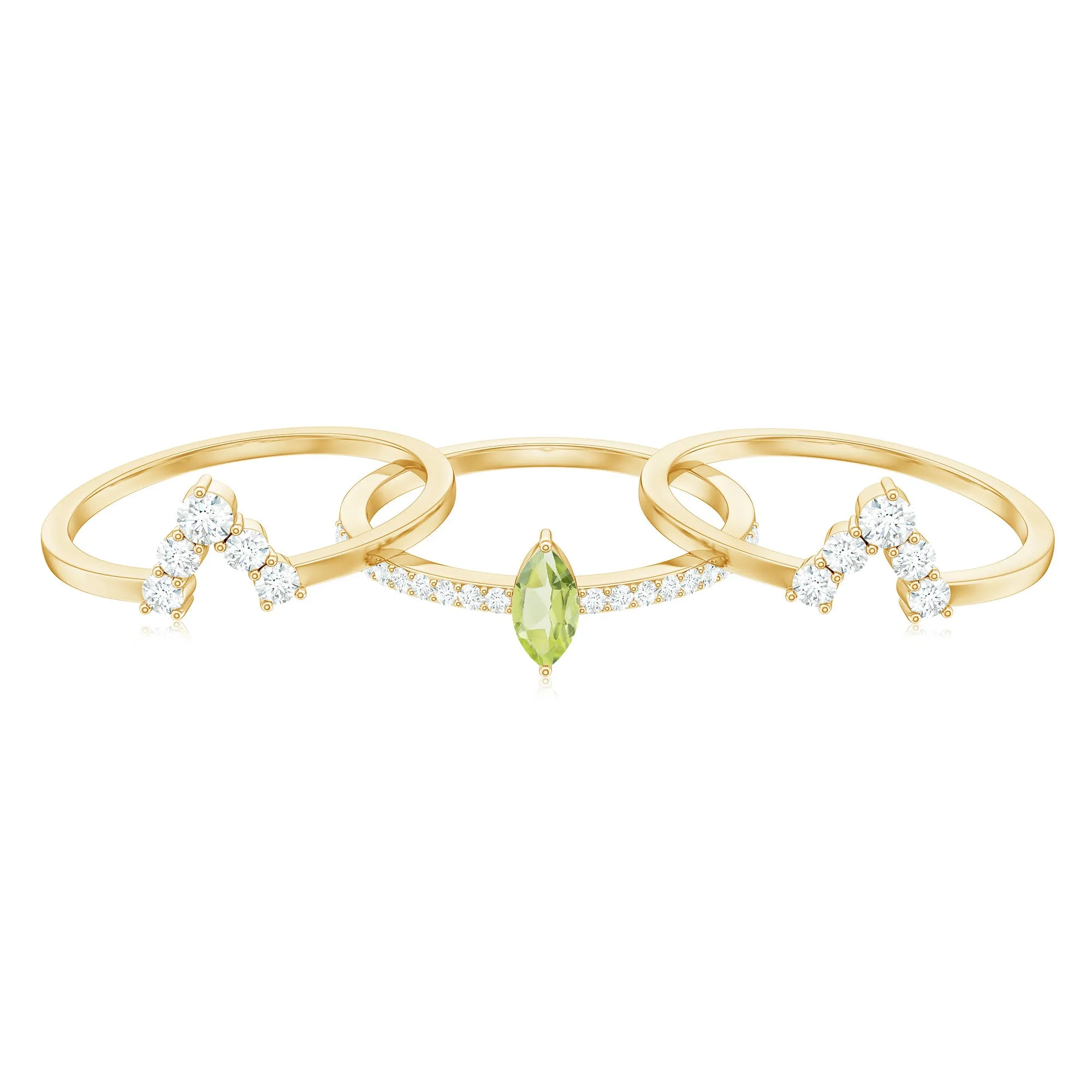 Marquise Cut Peridot Solitaire Trio Ring Set with Moissanite
