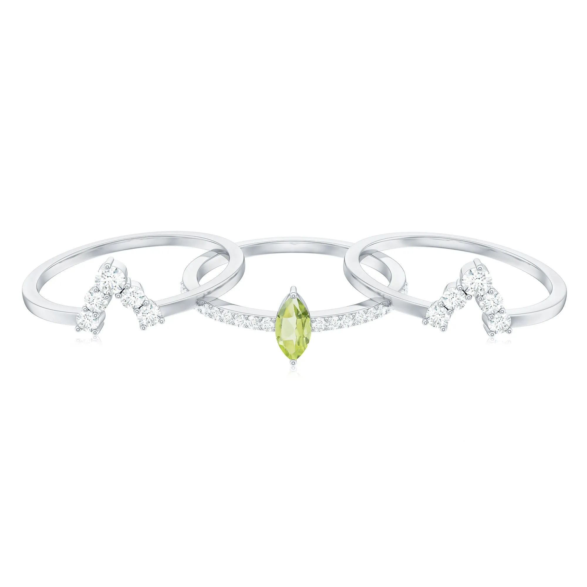 Marquise Cut Peridot Solitaire Trio Ring Set with Moissanite