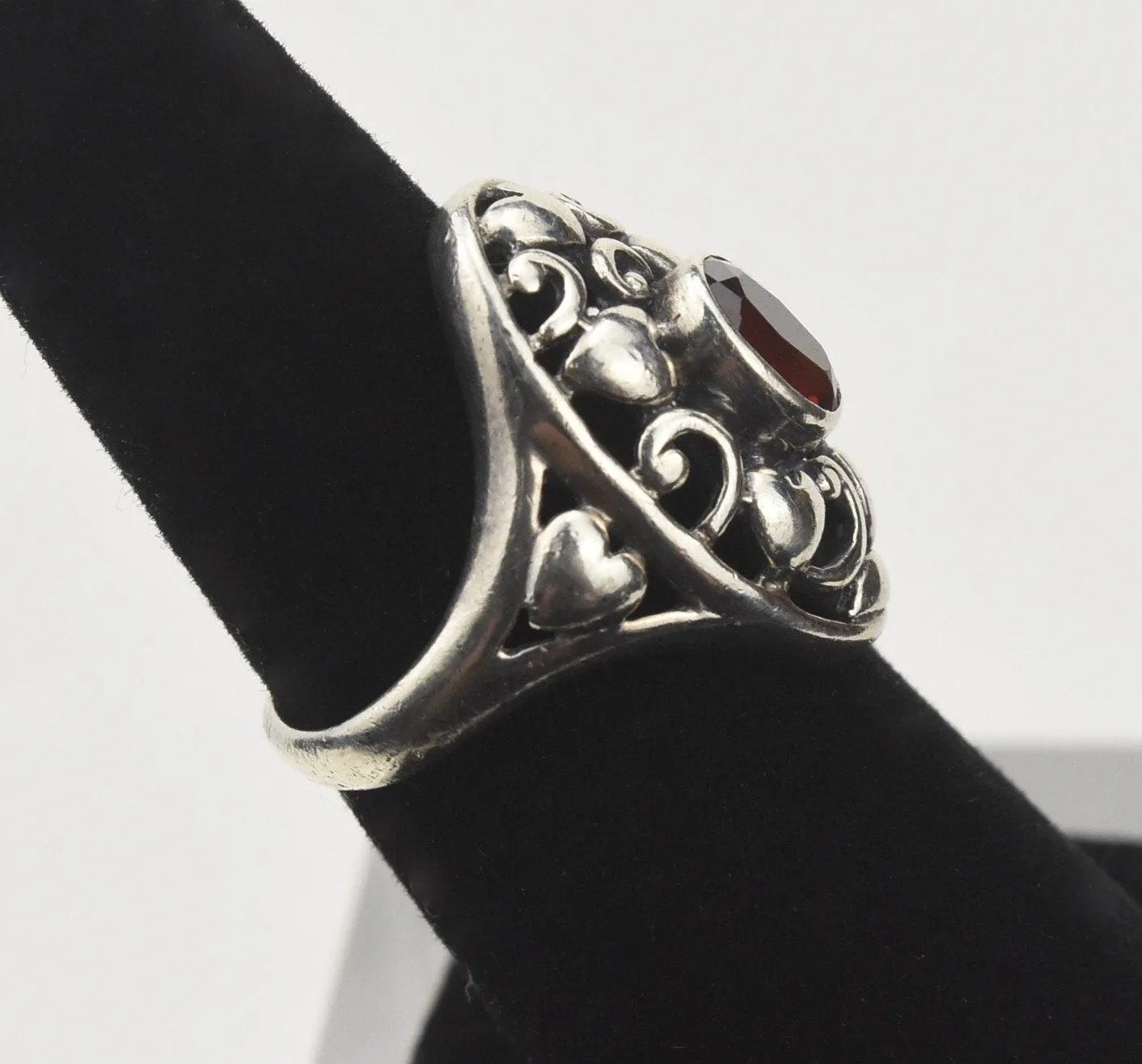 Pierced Sterling Silver Hearts Red Garnet Ring - Size 5.5