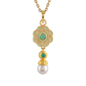 Pink Green Enamel & Green Onyx Pendant Necklace