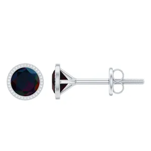Round Black Opal Solitaire Stud Earrings in Milgrain Bezel Setting