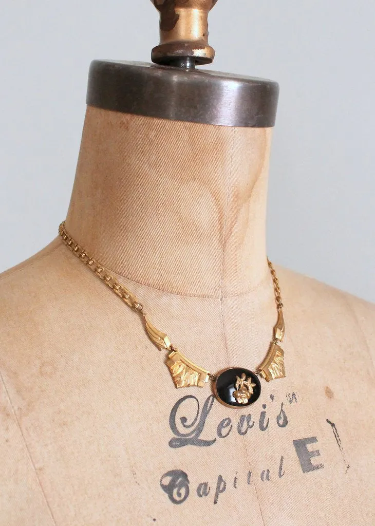 Vintage 1930s Brass Rose and Onyx Necklace